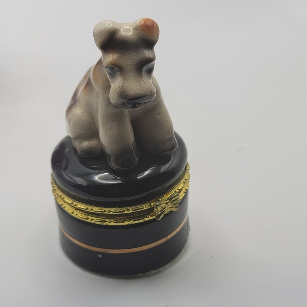 Vintage Porcelain Schnauzer Dog Figurine Jewelry Trinket Box Gift Decor